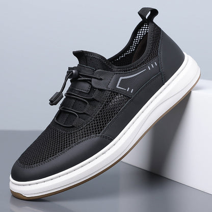 Men's Mesh & Leather Sneakers in Brown – close-up view | Hensley London