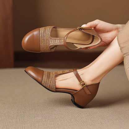 Women's Genuine Leather Woven T-Strap Heels - front view | Hensley London