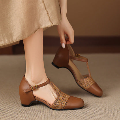 Women's Genuine Leather Woven T-Strap Heels - side view | Hensley London