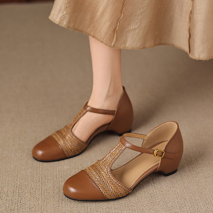 Women's Genuine Leather Woven T-Strap Heels - angled view | Hensley London