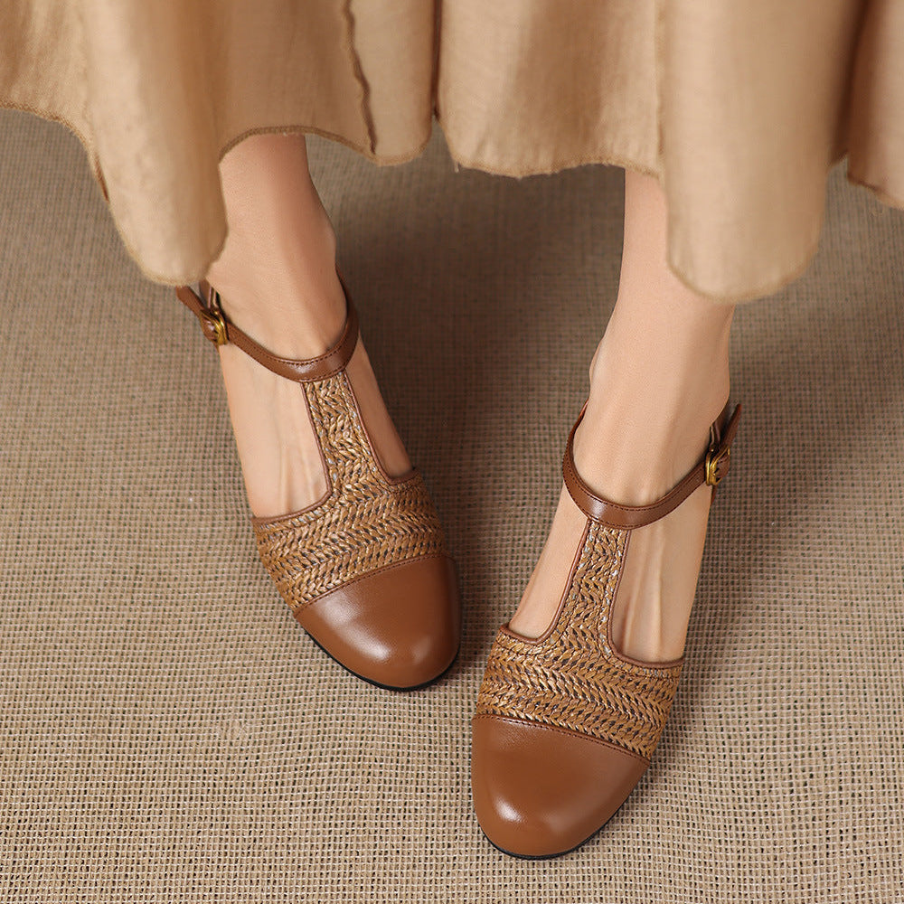 Women's Genuine Leather Woven T-Strap Heels - back view | Hensley London