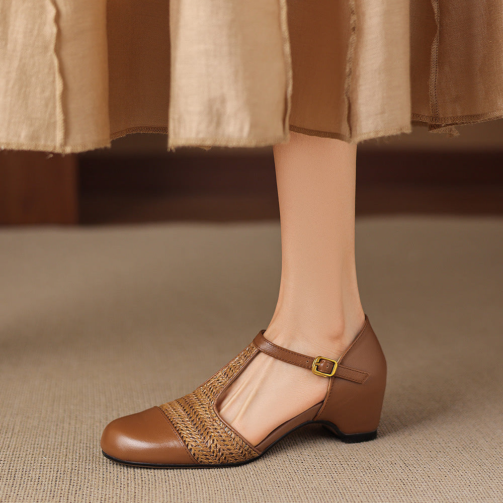Women's Genuine Leather Woven T-Strap Heels - detail view | Hensley London