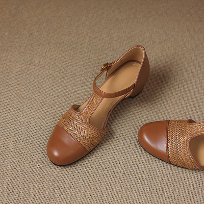 Women's Genuine Leather Woven T-Strap Heels - top view | Hensley London