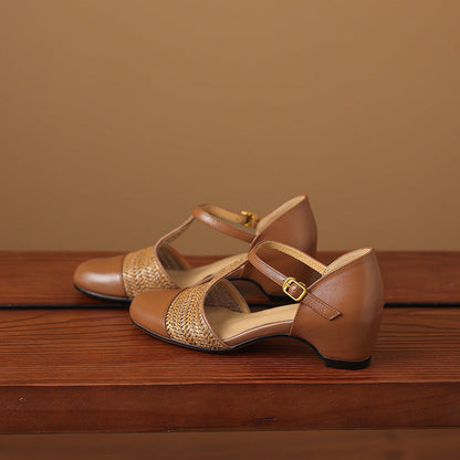 Women's Genuine Leather Woven T-Strap Heels - pair view | Hensley London