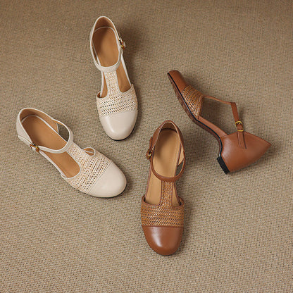 Women's Genuine Leather Woven T-Strap Heels - sole view | Hensley London