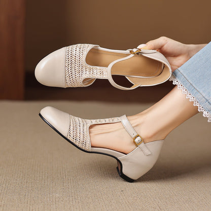 Women's Genuine Leather Woven T-Strap Heels - styled view | Hensley London