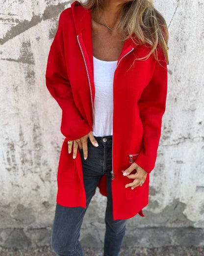 Women's Hooded Longline Open Cardigan in Red – product view 1 | Hensley London