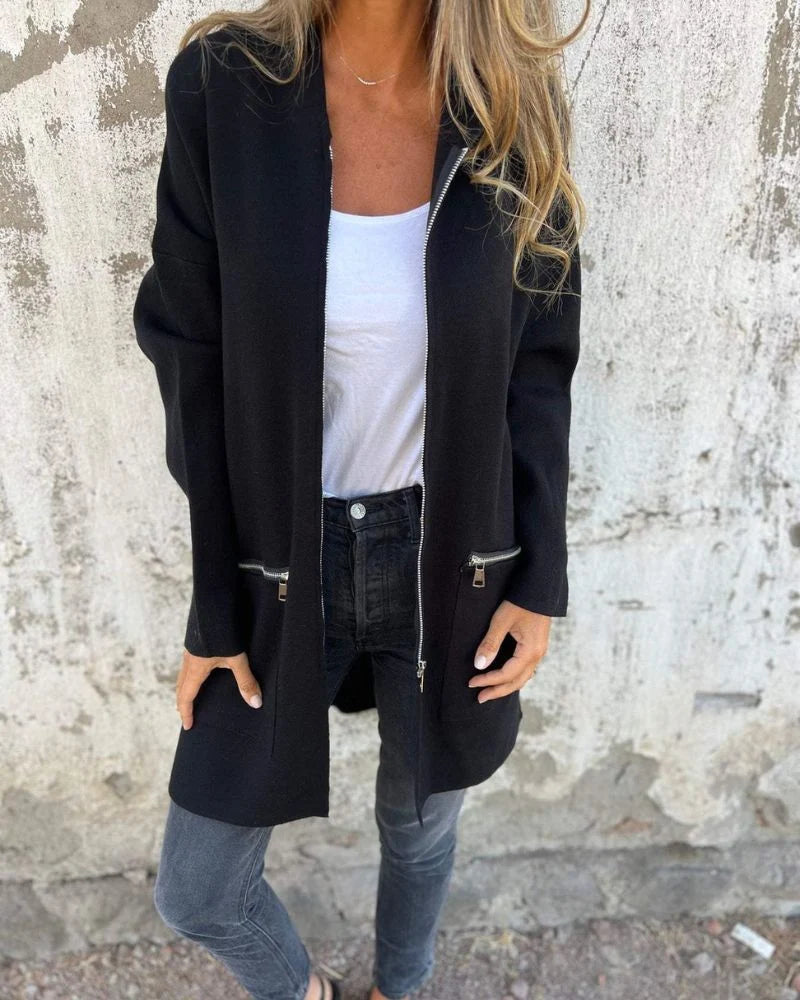 Women's Hooded Longline Open Cardigan in Black – product view 3 | Hensley London