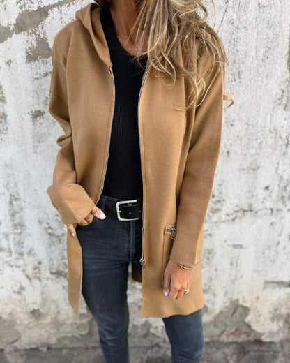 Women's Hooded Longline Open Cardigan in Brown – product view 5 | Hensley London