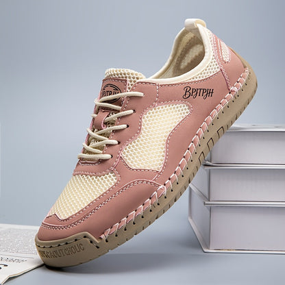 Women's Breathable Mesh Summer Sneakers in Pink – styled view | Hensley London
