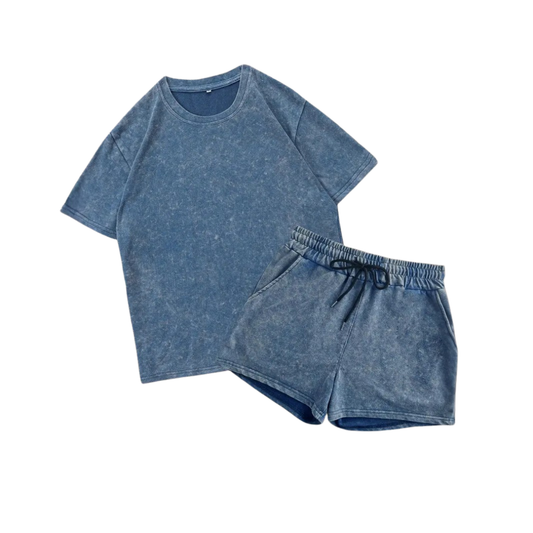 Women's Relaxed Print Athletic Two-Piece Set in Light Wash – front view | Hensley London