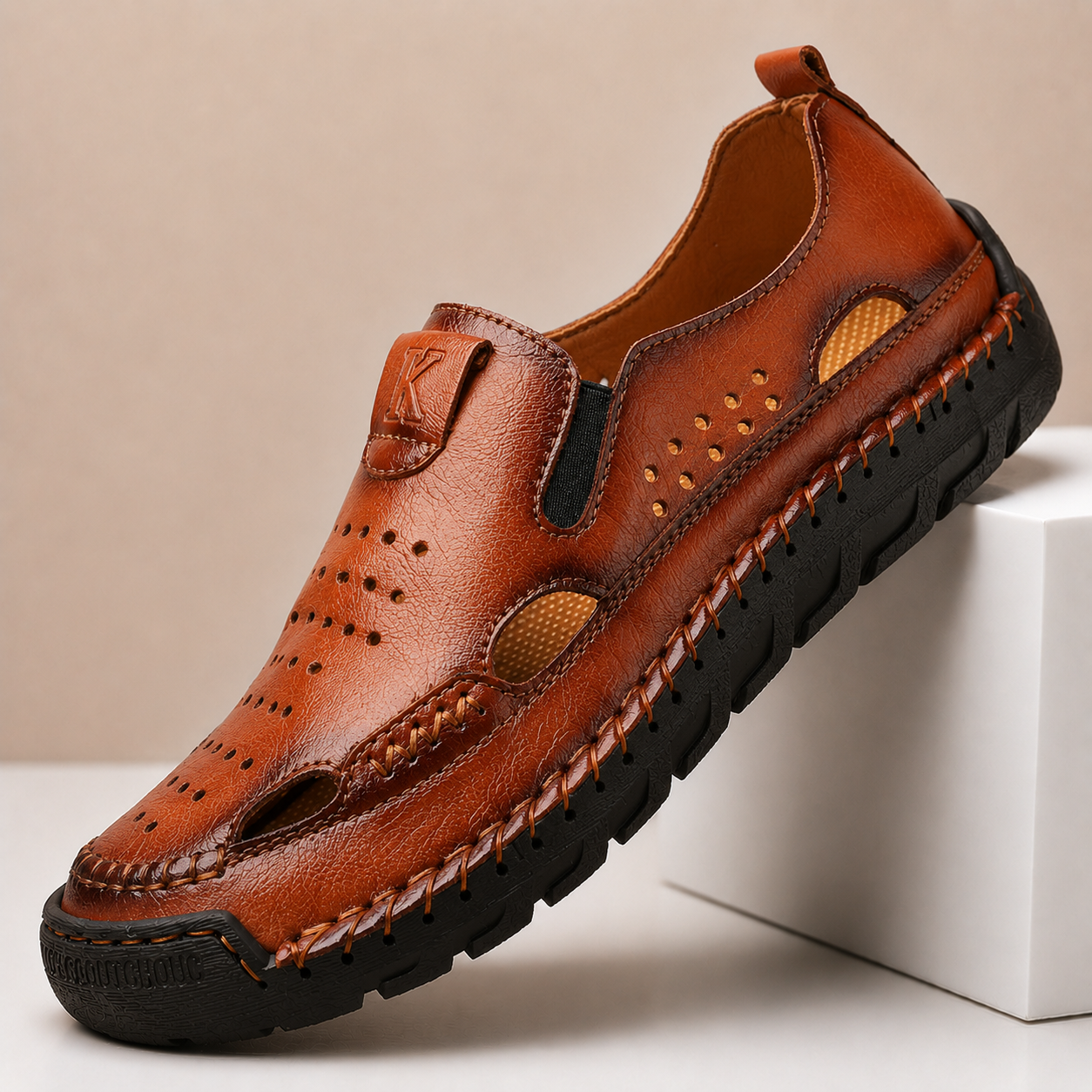 Men's Genuine Leather Hollow-Out Comfort Shoes in Brown – front view | Hensley London