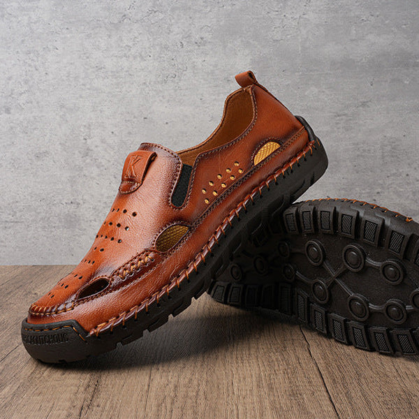 Men's Genuine Leather Hollow-Out Comfort Shoes in Black – angled view | Hensley London