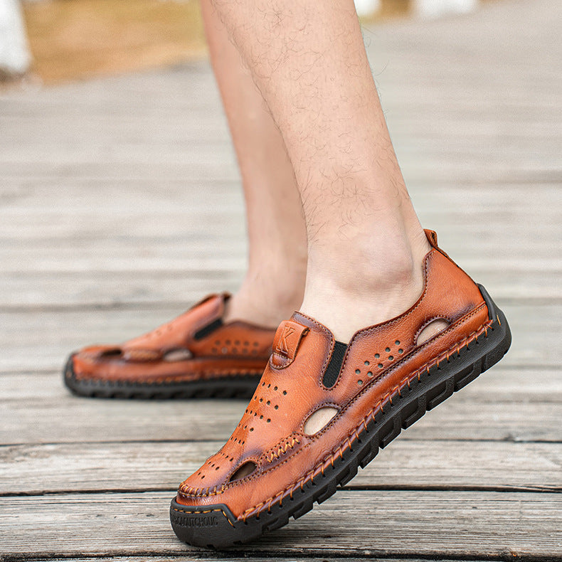 Men's Genuine Leather Hollow-Out Comfort Shoes in Brown – back view | Hensley London