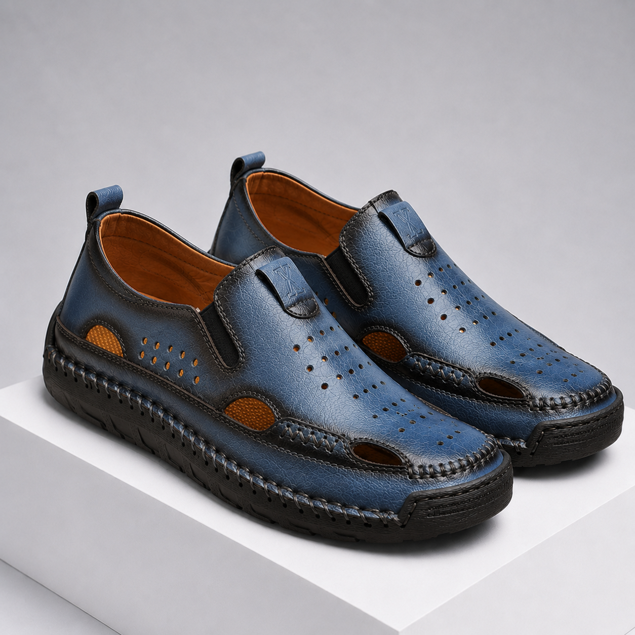 Men's Genuine Leather Hollow-Out Comfort Shoes in Blue – styled flat-lay | Hensley London
