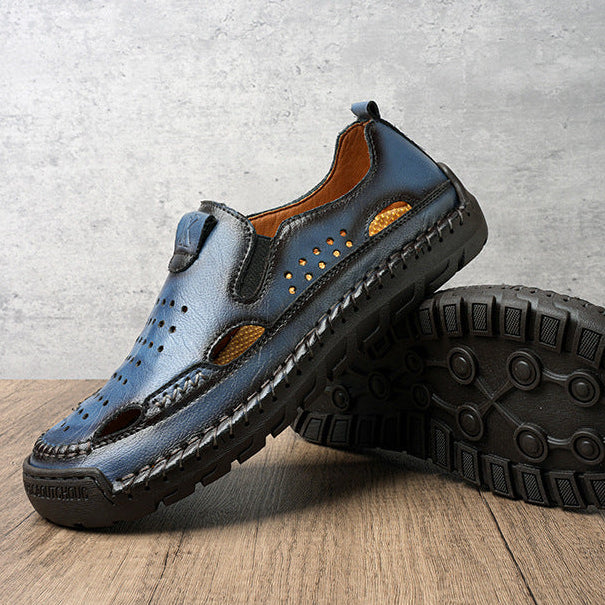 Men's Genuine Leather Hollow-Out Comfort Shoes in Black – heel detail | Hensley London