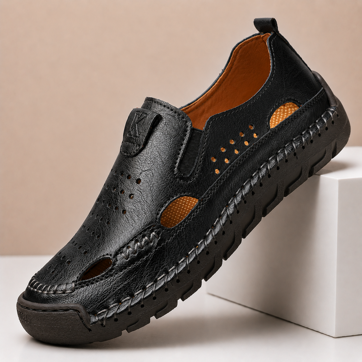 Men's Genuine Leather Hollow-Out Comfort Shoes in Brown – pair view | Hensley London
