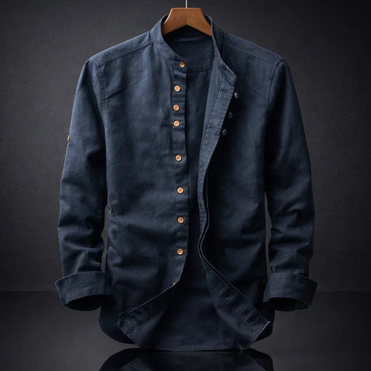Men's Cotton Band-Collar Shirt – front view | Hensley London