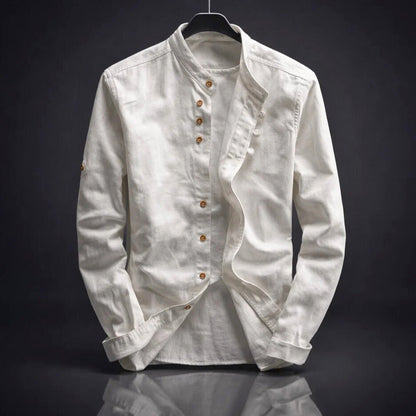 Men's Cotton Band-Collar Shirt – angled view | Hensley London