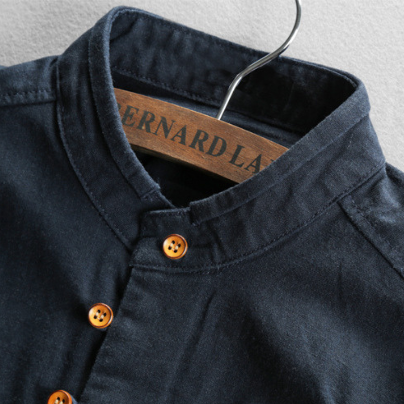Men's Cotton Band-Collar Shirt – collar detail | Hensley London