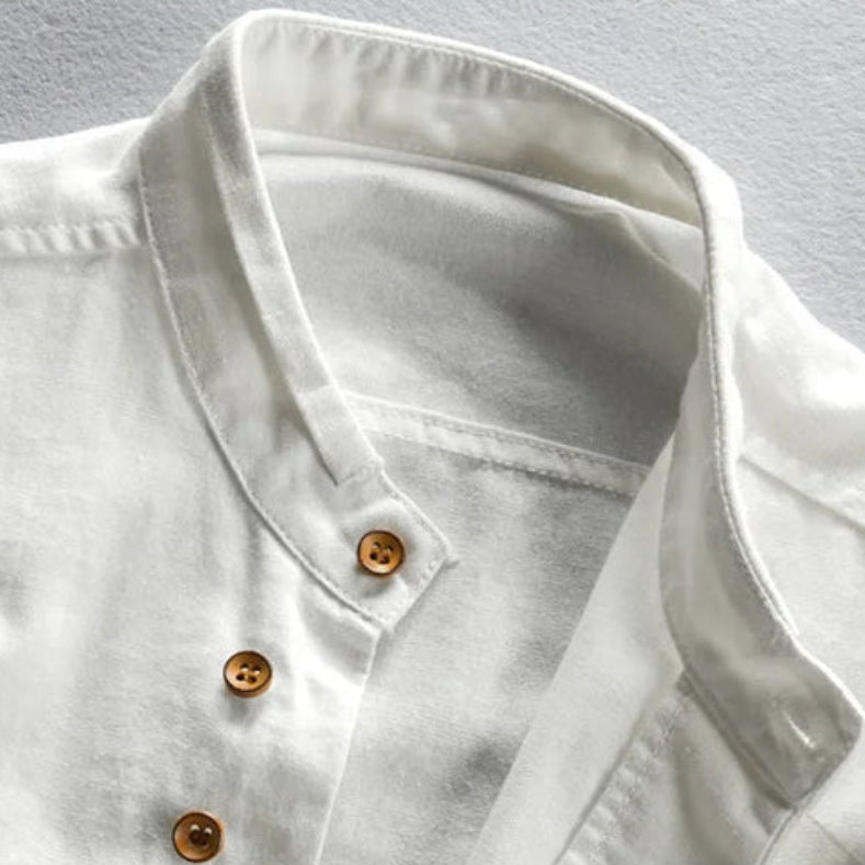 Men's Cotton Band-Collar Shirt – button detail | Hensley London
