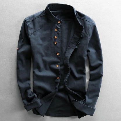 Men's Cotton Band-Collar Shirt – styled view | Hensley London