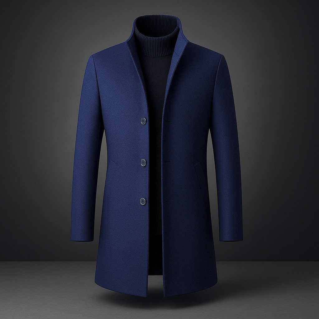 Men's Cashmere-Blend Tailored Coat in Navy Blue - product view | Hensley London