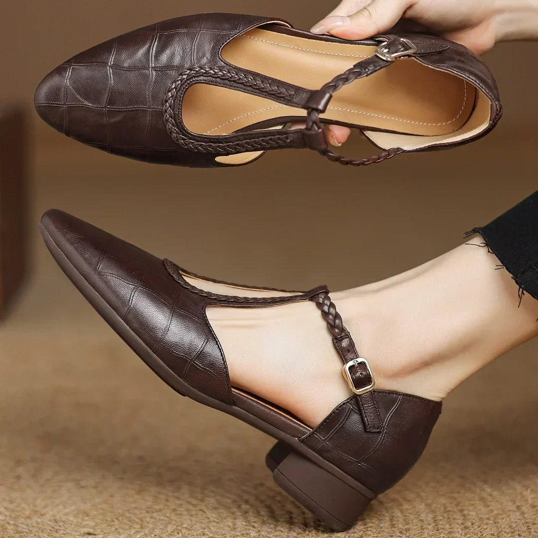 Women's Leather T-Strap Mary Jane Flats in Brown – front view | Hensley London