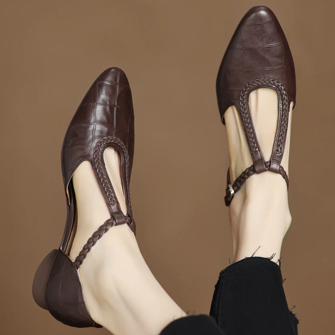 Women's Leather T-Strap Mary Jane Flats in Brown – side view | Hensley London