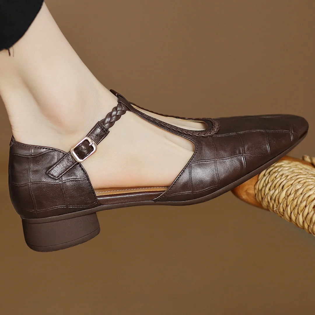 Women's Leather T-Strap Mary Jane Flats in Brown – buckle detail | Hensley London