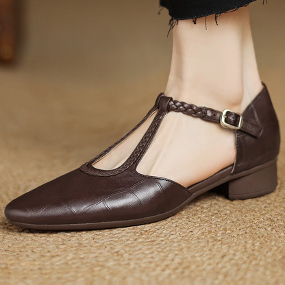 Women's Leather T-Strap Mary Jane Flats in Black – front view | Hensley London