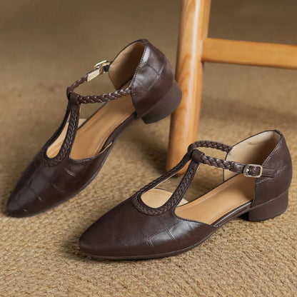 Women's Leather T-Strap Mary Jane Flats in Black – side view | Hensley London