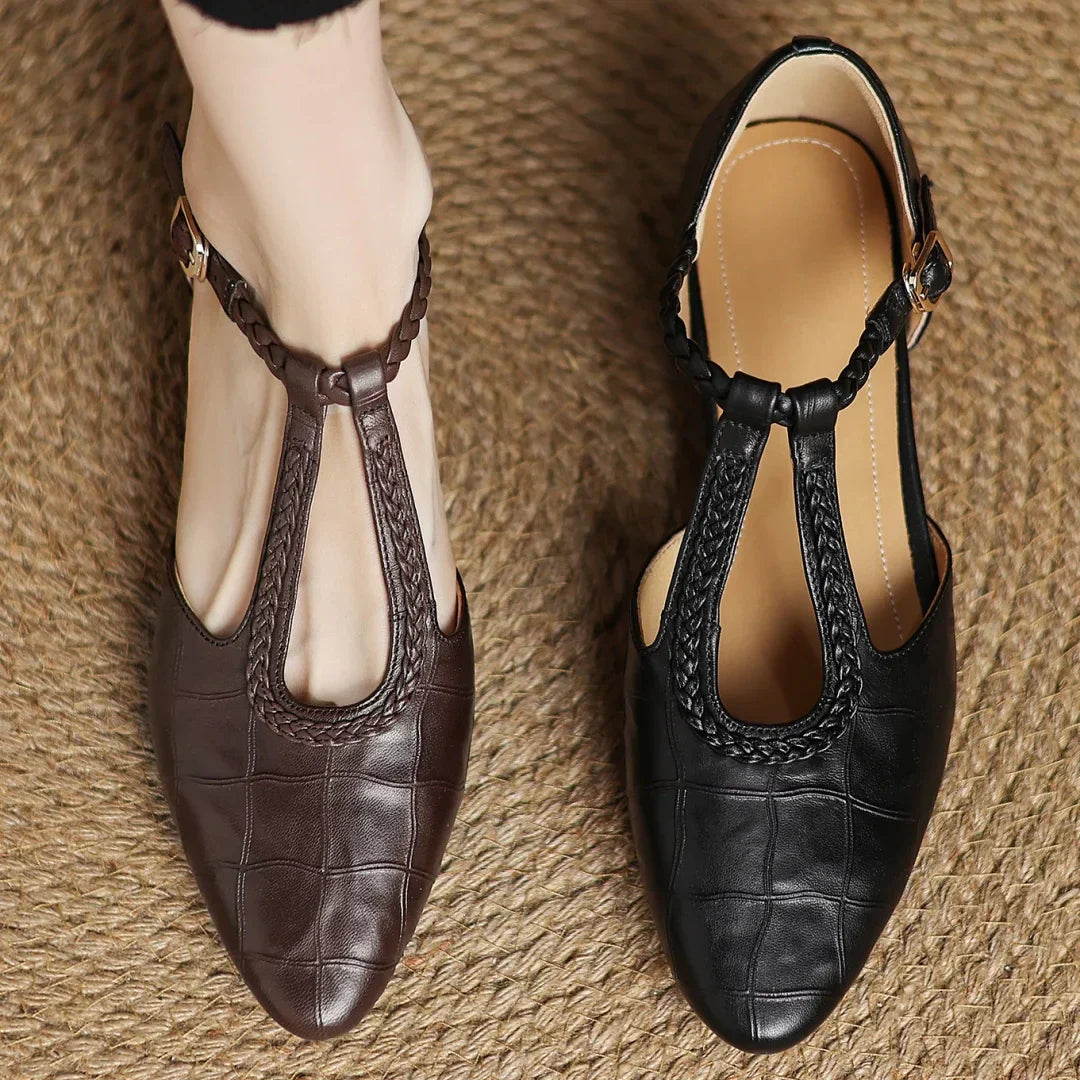 Women's Leather T-Strap Mary Jane Flats in Black – buckle detail | Hensley London