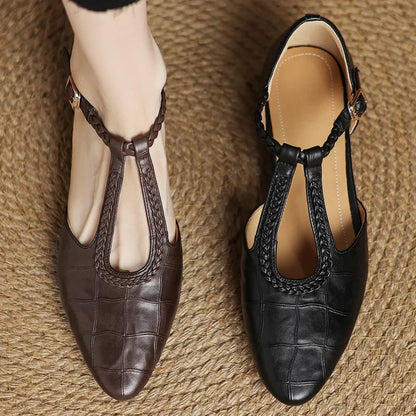 Women's Leather T-Strap Mary Jane Flats in Black – buckle detail | Hensley London