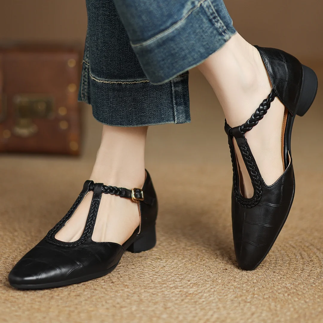 Women's Leather T-Strap Mary Jane Flats in Brown – top view | Hensley London