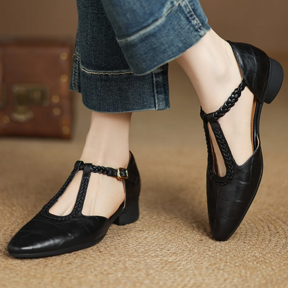 Women's Leather T-Strap Mary Jane Flats in Brown – top view | Hensley London