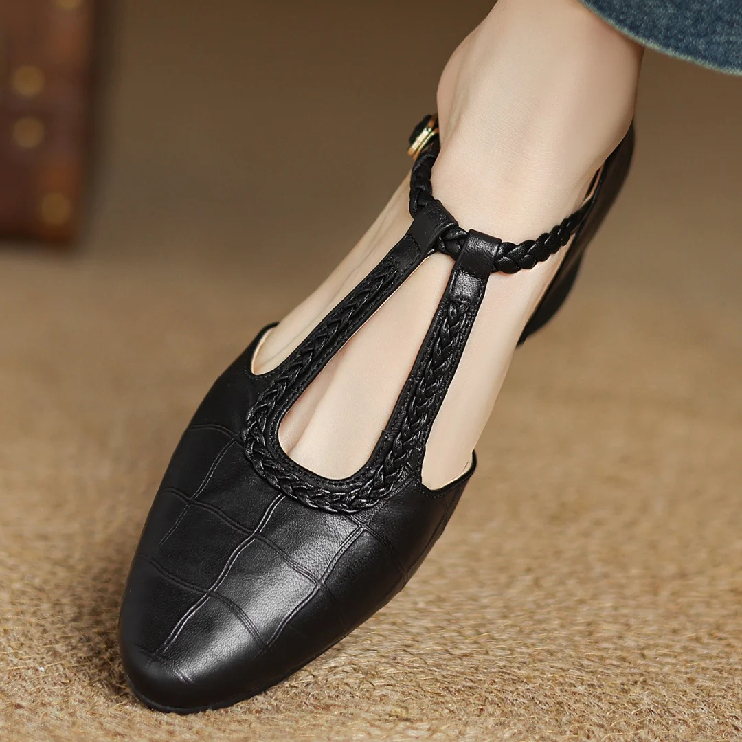 Women's Leather T-Strap Mary Jane Flats in Black – top view | Hensley London