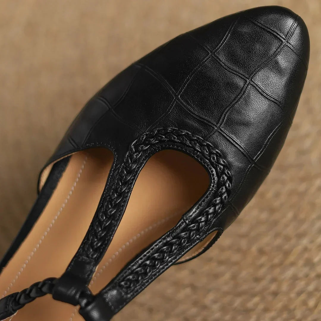 Women's Leather T-Strap Mary Jane Flats in Brown – on-foot view | Hensley London