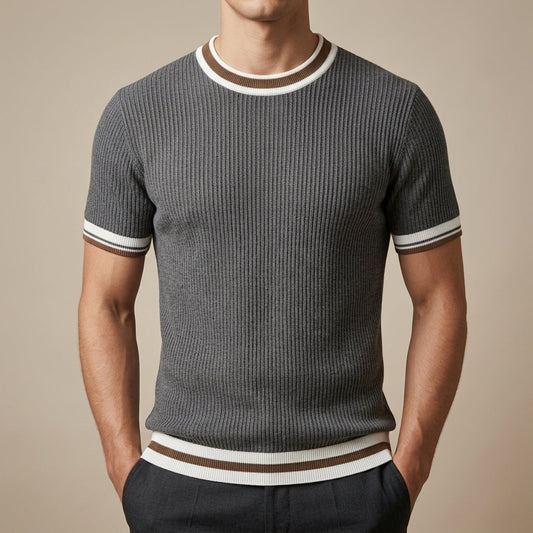 Men's Ribbed Knit Crewneck T-Shirt in Grey – front view | Hensley London