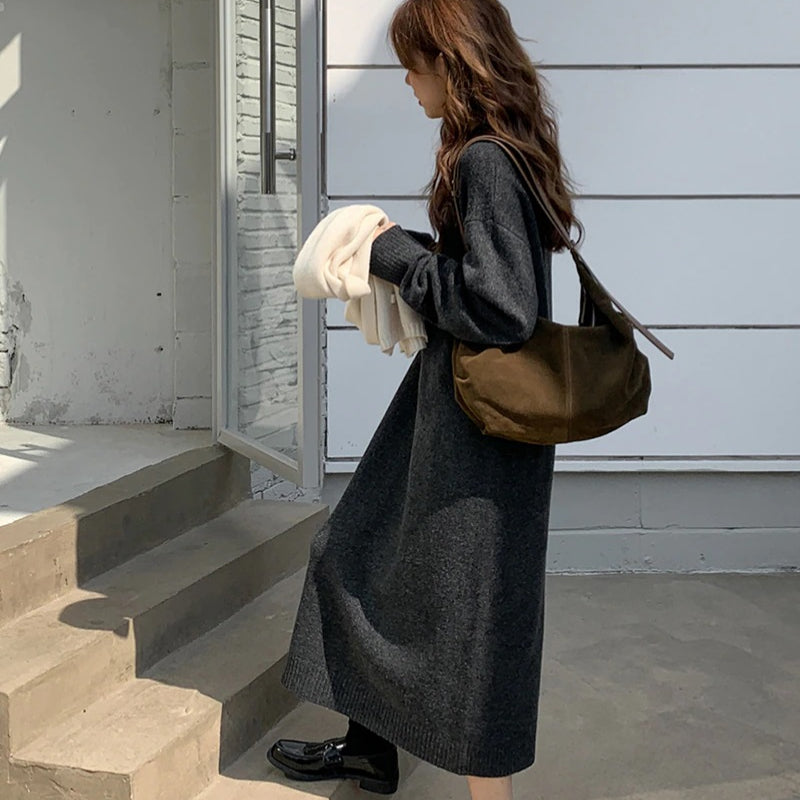 Knitted Thick and Warm Full Sleeve Loose Sweater Dresses 4