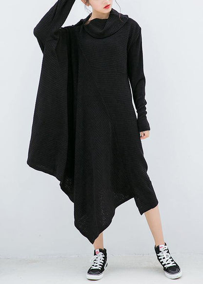 Women's Sweater Dress Black Asymmetric High Neck Knit Cotton Blend - 1