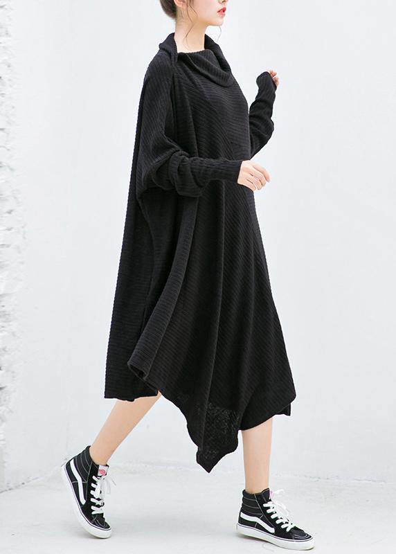 Women's Sweater Dress Black Asymmetric High Neck Knit Cotton Blend - 2