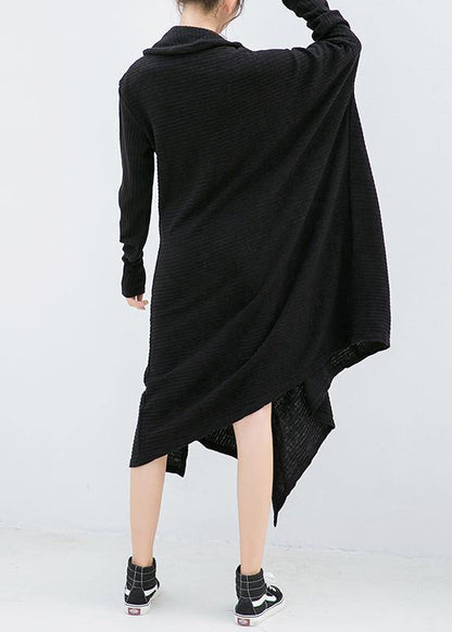 Women's Sweater Dress Black Asymmetric High Neck Knit Cotton Blend - 3