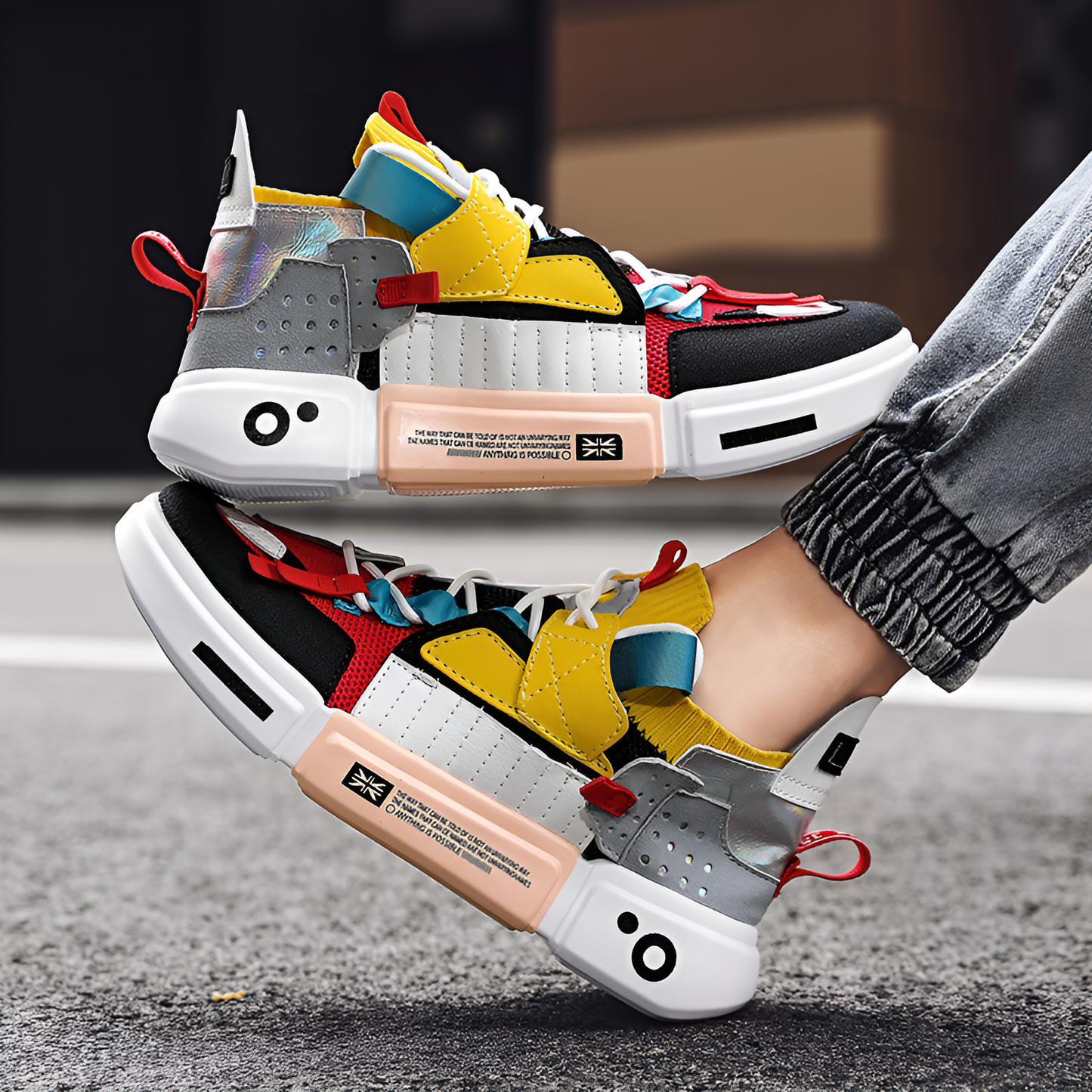 Men's Leather & Mesh Color-Block Sneakers – back view | Hensley London