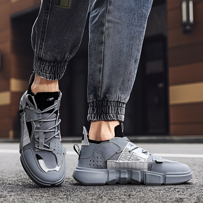Men's Leather & Mesh Color-Block Sneakers – styled view | Hensley London