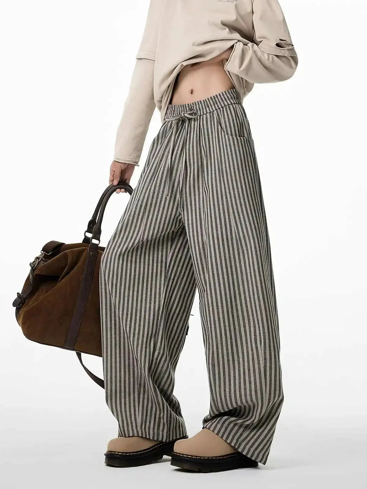 Women's Pinstripe Balloon Trousers with Drawstring Waist in Taupe – product view 2 | Hensley London