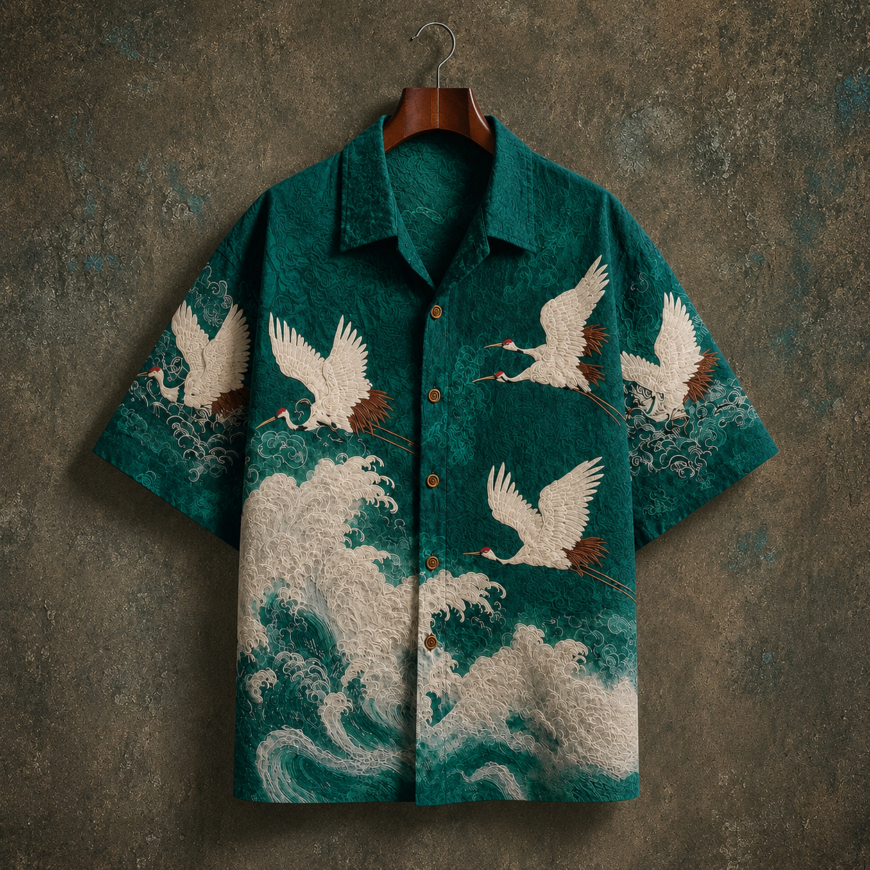 Men's Wave Print Shirt in Green - front view | Hensley London