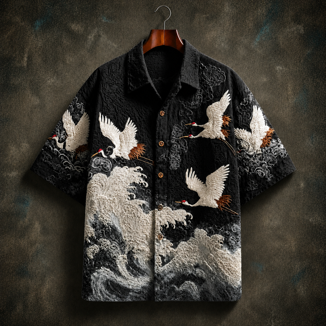 Men's Wave Print Shirt in Black - front view | Hensley London