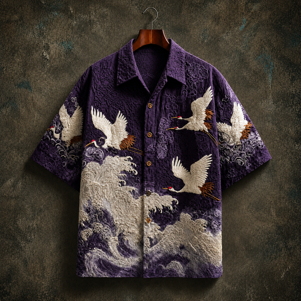 Men's Wave Print Shirt in Purple - front view | Hensley London