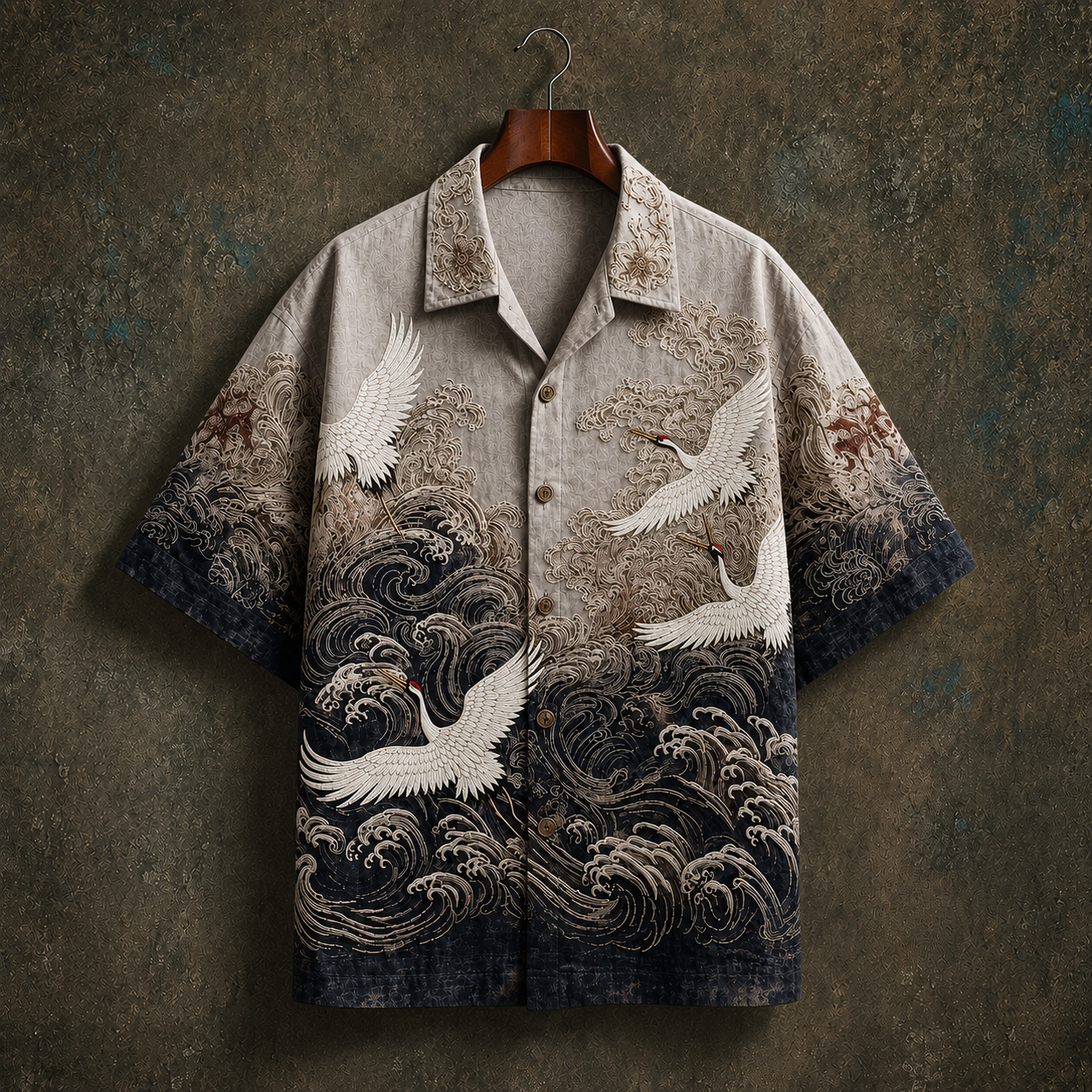 Men's Wave Print Shirt in Cream - front view | Hensley London